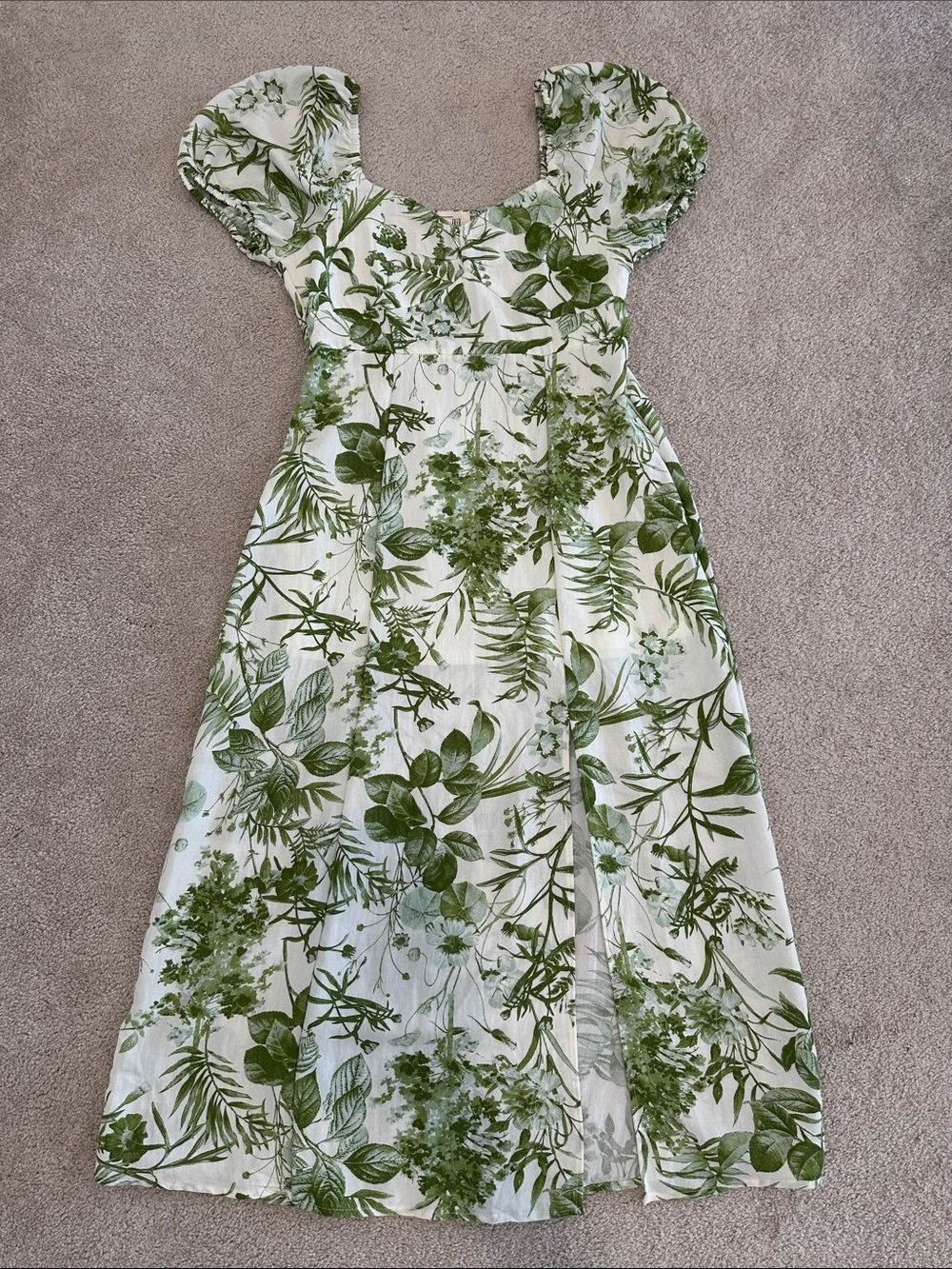 Sweet Wanderer White Midi Dress with Green Botanical Print